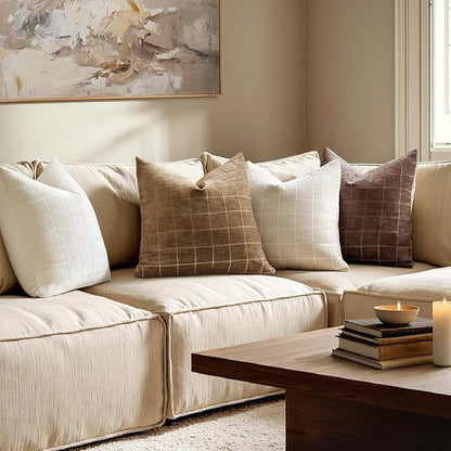 MIULEE Decorative Chenille Check Throw Pillow Covers Vintage Plaid Couch Pillows 18x18 Inch Set of 2 Neutral Boho Farmhouse Cushion Covers Modern Home Decor for Sofa Bed Living Room Toffee