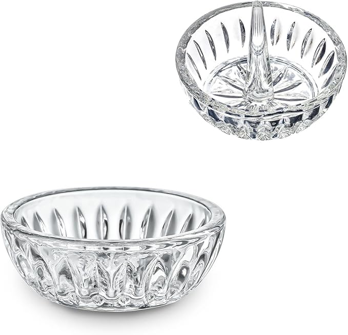 Set of 2 Crystal Jewelry Dish Trays 3.1in Clear Round Trinket Ring Holders for Wedding, Birthday, Anniversary, Christmas Decor