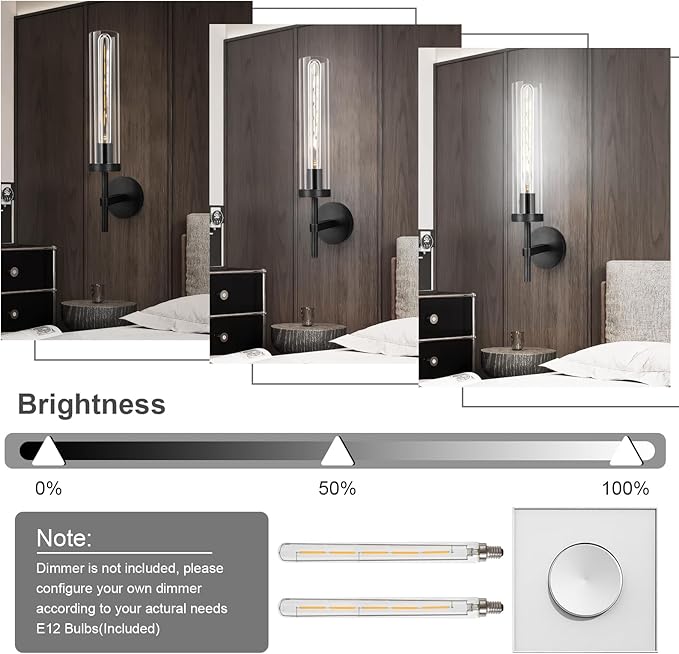 Black Wall Sconces Set of Two with White Light, 19.48'' Brushed Brass Knurled Bathroom Sconces Wall Lighting Vanity Light with Clear Glass for Living Room Mirror Bedroom Stairs