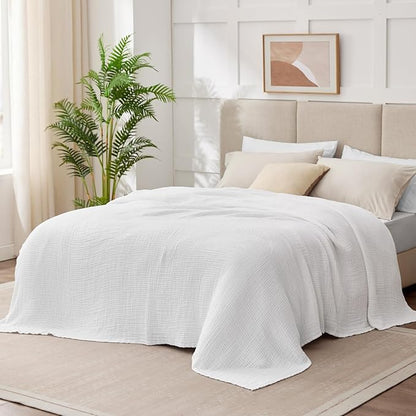 100% Cotton Twin XL Blankets for Bed 66" x 90", Cooling and Soft Muslin Throw Blanket, Soft Boho Coverlet Bedspread, Gauze Bedding for Adults All Season, White