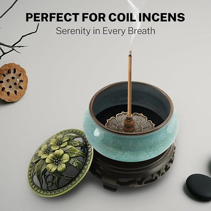 Ceramic Incense Burner with Lotus Incense Holder, Multi-Functional Incense Burner Holder for Incense Sticks, Coil Incense and Cones, Perfect Home Decor (Blue)