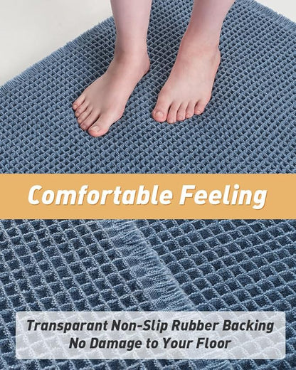 AMOAMI Upgraded Waffle Runner Rug Super Absorbent Non Slip Bath Mats for Bathroom Machine Washable Bathroom Runner Rug with Tassels, Ideal for Hallway Bedroom Laundry Room, 17" x 72", Blue