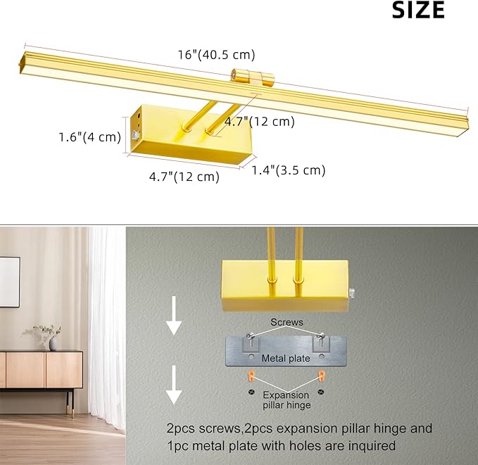 FUNCHDAY Picture Light,5000mAh Battery Operated Picture Light for Wall,Wireless Remote Painting Light with Timer and Dimmable,16”Metal Art Light for Display,Wall,Artwork,Portrait,Gallery -Brass