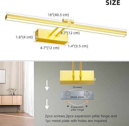 FUNCHDAY Picture Light,5000mAh Battery Operated Picture Light for Wall,Wireless Remote Painting Light with Timer and Dimmable,16”Metal Art Light for Display,Wall,Artwork,Portrait,Gallery -Brass