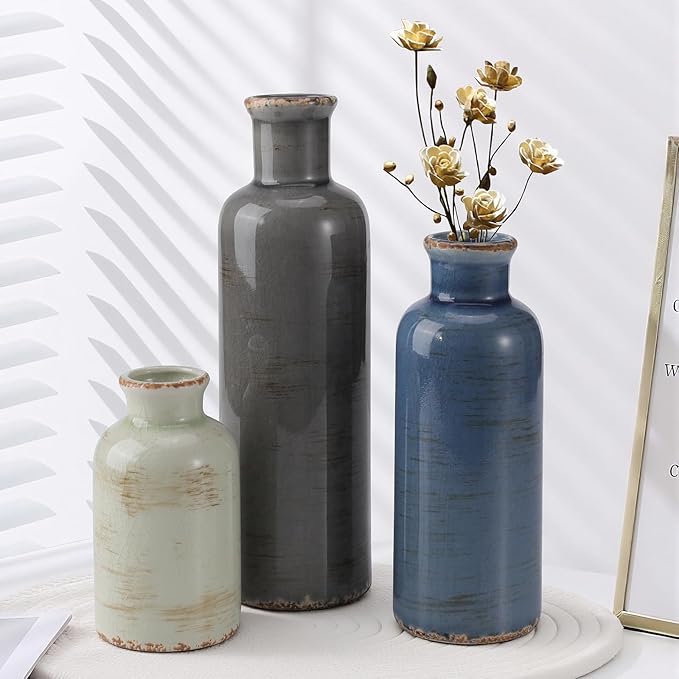 Small Ceramic Vase Set of 3, Boho Modern Flower Vase Room Decor, Farmhouse Decor, Vases for Your Kitchen, Bathroom, Bedroom, Living Room, Office&Shelf Centerpiece Table Decorations