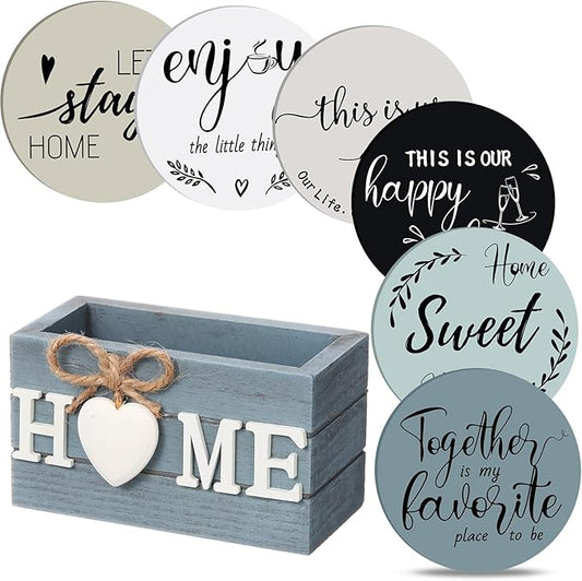 Queekay Coasters Set of 6 House Warming Gifts New Home Wooden Farmhouse Drink Coasters with Holder 4'' Funny Decoration for Kitchen Family Coffee Bar Tabletop Protection(Gray Blue)