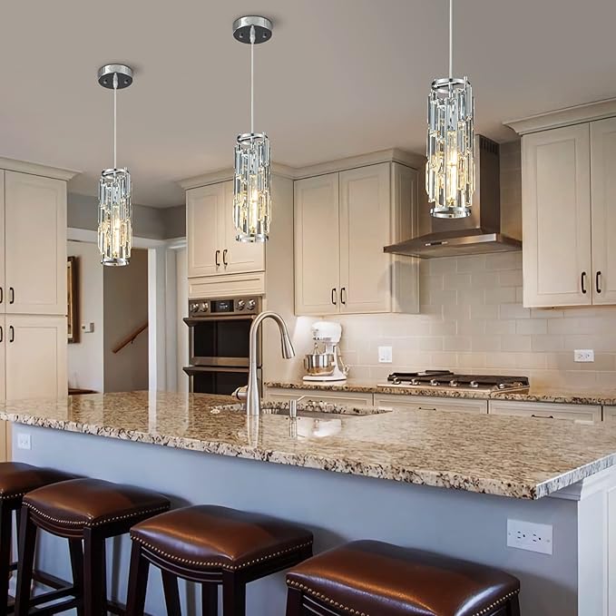 LMQNINE Pendant Lights Modern Chrome Pendant Light Mini Crystal Chandelier Pendant Lighting for Kitchen Island Dinning Room Bedroom Kitchen Sink Lighting (Chrome 2-Pack)
