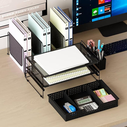 Desk Organizer, Office Organization with Vertical File Holder, File Organizer with Drawer and Pen Holder, Desk Accessories and Workspace Organizers for Home Office (Black)