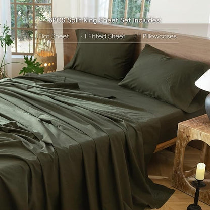 MooMee Bedding Sheet Set 100% Washed Cotton Linen Like Textured Breathable Durable Soft Comfy (Solid Olive Green, Twin)