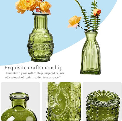 Glass Bud Vases Set of 32 - Green Assorted Small Mini Glass Vases for Flowers, Crystal Vintage Vase Set, Bulk Centerpieces for Table Décor, Wedding, Home and Events (Green, 32 Pcs)
