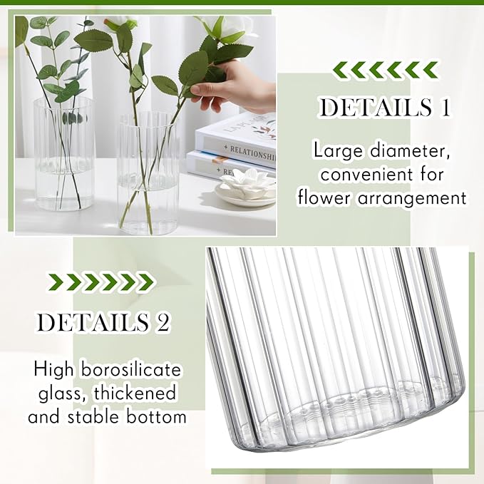 6 Pcs 6 Inch Tall Glass Ribbed Cylinder Vases Clear Floating Candle Flower Vase in Bulk, Hurricane Candle Holder for Wedding Housewarming Gift Table Centerpieces