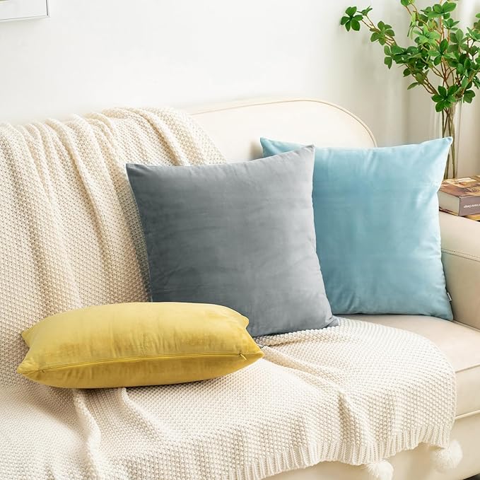 HWY 50 Gray Grey Velvet Throw Pillow Covers 18x18 Inch, Pack of 2 Soft Cozy Solid Decorative Luxury Cushion Cases for Couch Sofa Bed Living Room Bedroom