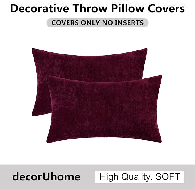 decorUhome Chenille Burgundy Spring Throw Pillow Covers 12x20 Inch Set of 2, Decorative Soft Couch Pillow Covers Solid Dyed Accent Farmhouse Neutral Rectangle Pillow Cases for Sofa