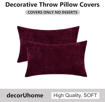 decorUhome Chenille Burgundy Spring Throw Pillow Covers 12x20 Inch Set of 2, Decorative Soft Couch Pillow Covers Solid Dyed Accent Farmhouse Neutral Rectangle Pillow Cases for Sofa