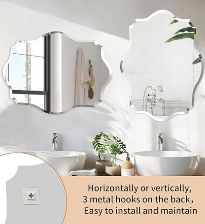 Frameless Scalloped Wall Mirror: Decorative Scallop Oval Mirrored Glass Vanity with Beveled Silver Edge for Bathroom Bedroom Livingroom Dining Room Entryway Hallway, 28 x 20 inch