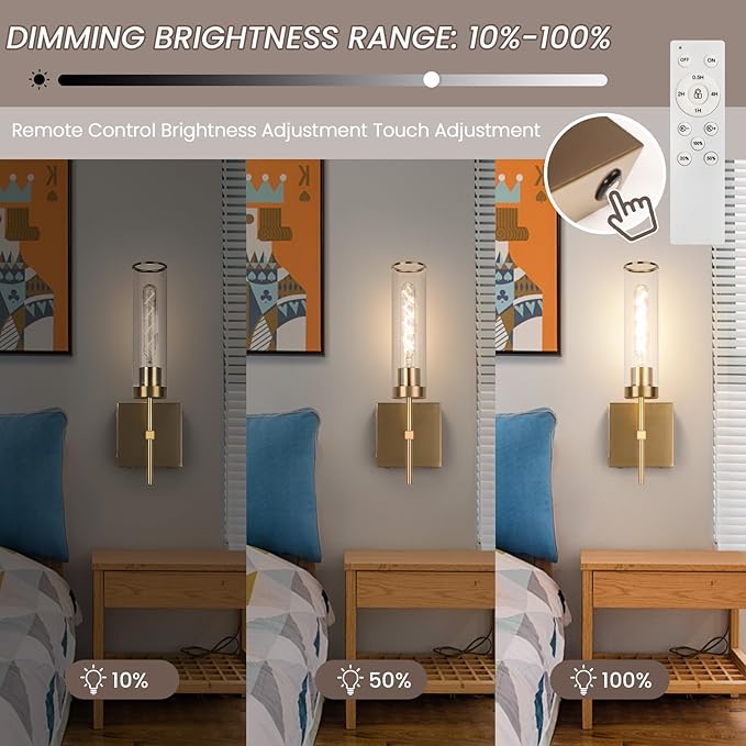 Wall Sconces,Gold Battery Operated Wall Sconce 10400mAh Fast Chargin Endurance 150 Hours Infinitely Dimmable with Remote Control Wireless Wall Lights for Bedroom Living Room Hallway