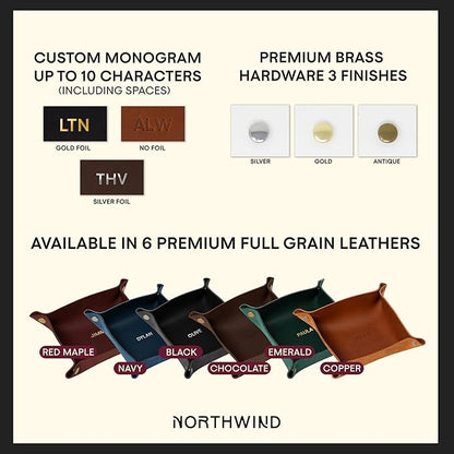 Northwind Personalized Leather Valet Tray – Custom Engraved Full Grain Leather Catchall Tray for Men, Handmade in USA Desk Organizer & Groomsmen Gift, Perfect Storage for Nightstand, Dresser