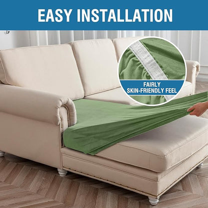 Couch Cover 8-Piece Elastic Velvet Couch Cushion Covers & Chaise Slipcovers for L-Shaped Sofas, Sofa Seat Covers Washable, Soft Cover for Couches (7 Seater + Chaise, Avocado Green)