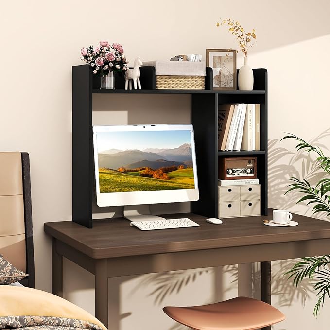 Desktop Bookshelf, 3-Tier Wood Countertop Bookcase with 5 Shelves, Desk Hutch for College Dorm, Multipurpose Desk Organizer Shelf Display Rack for Home Office, Hutch Top Only