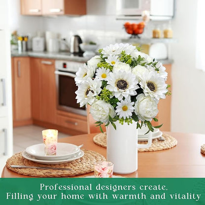 3 Pcs Fall Flowers Artificial Mums Silk Fake Mums Bouquet Faux Floral Arrangements Home Indoor Outdoor Planter Decor Party Wedding Table Autumn Decoration (White-A)