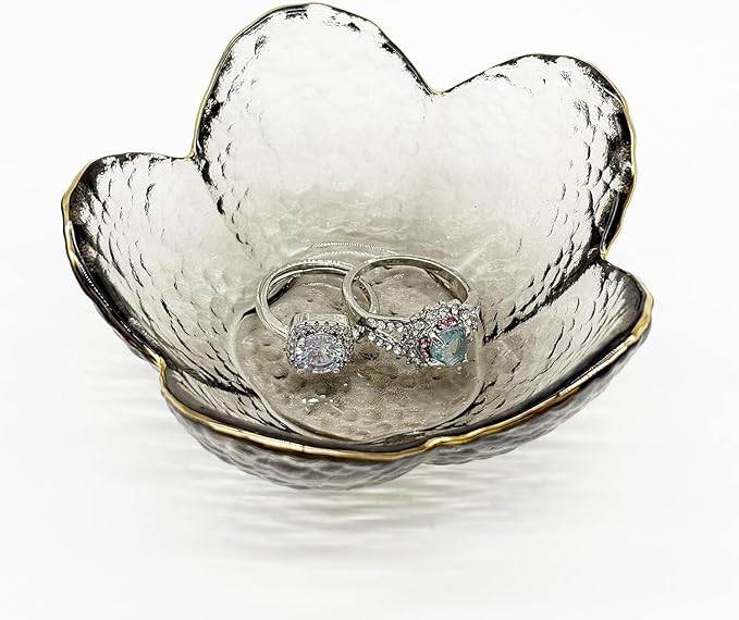 Glass Jewelry Dish Tray, Small Jewelry Tray Trinket Dish, Flower Ring Dish Engagement Gift, Crystal Ring Holder for Women, Bathroom Jewlery Plate Dish, Nightstand Jewelry Bowl for Earrings