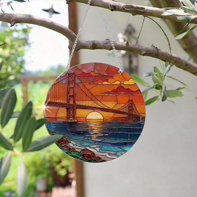 Sunset Bridge Landscape Acrylic Suncatcher, Artistic Colorful Sun Catcher, Indoor Window Wall Art, Aesthetic Home Decor, Window Door Decoration, Birthday Gift for Women, Men, Wife, Aunt, and Mom