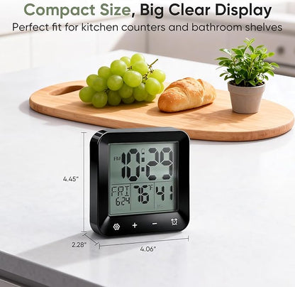 Digital Waterproof Shower Clock, Bathroom Kitchen Clock with Countdown Timer, Wall Clock with Large LCD Display, Temperature, Touch Button, Suction, Hanging Hole, Battery Operated I Black