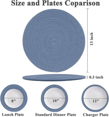Round Placemats Set of 6, Cotton Rope Woven Table Mats, Hot Pads for Kitchen, Non Slip Heat Resistant Place Mats, 13 Inches Braided Placemat for Farmhouse Decor and Kitchen Table Decor (Blue)