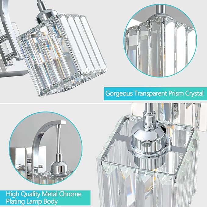 Wall Sconces, Set of 2 Chrome Crystal Vanity Lights, Modern Wall Lamp for Bathroom, Hallway, and Makeup, Easy Installation