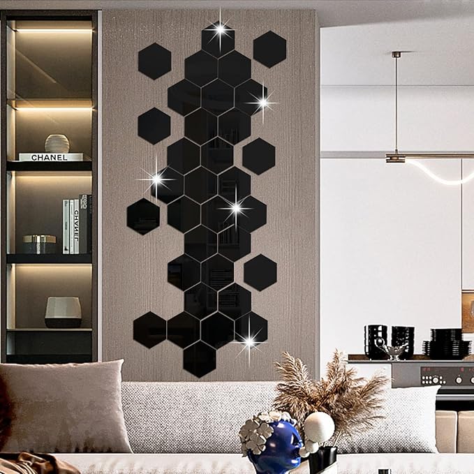 RW-103 36 PCS Acrylic Mirror Wall Stickers Hexagon Mirror Wall Decals DIY Removable 3D Geometric Hexagon Mirror Art Setting Wall Decor for Bedroom Living Room Office Kitchen Home Decoration (Black)