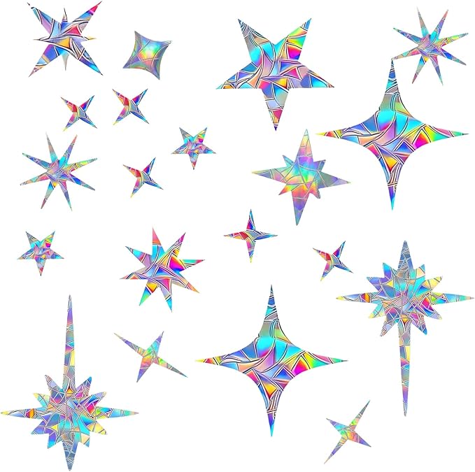 32 Pcs Star Window Clings, Anti Collision Window Decals to Save Birds, Non-Adhesive Rainbow Stickers, Sun Catcher Stickers Aesthetic Decor