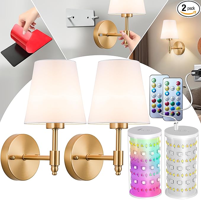 Battery Operated Wall Sconce: Renter Friendly Peel and Stick Adhesive Wall Light Easy to Install, Rechargeable Wireless Wall Lamp for Bedroom Living Room DIY Home Wall Decor
