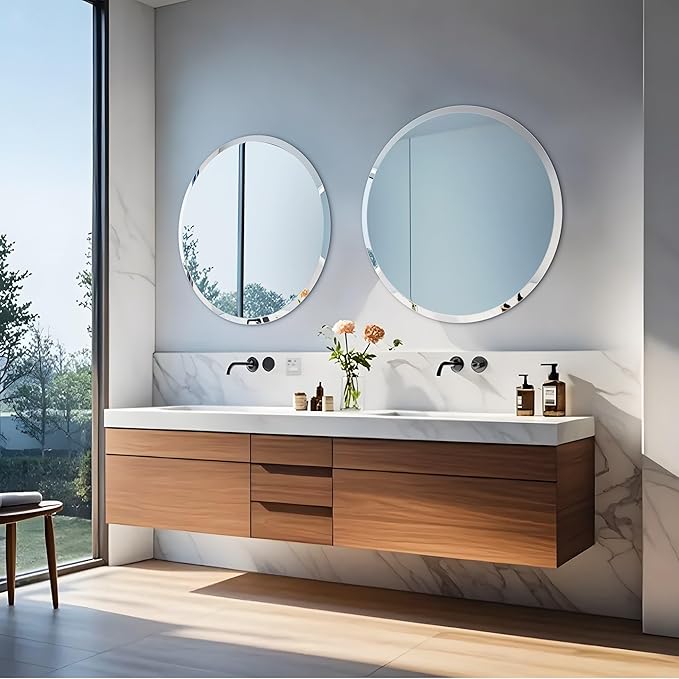 Frameless Round Wall Mirror: Decorative Mirrored Glass Vanity with Beveled Silver Edge for Bathroom Bedroom Livingroom Dining Room Entryway Hallway, 36 x 36 inch