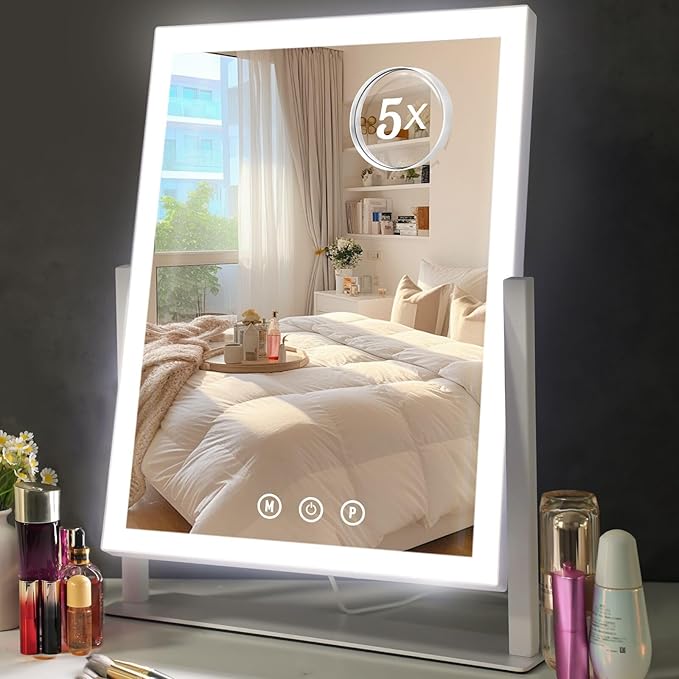 Lighted Makeup Mirror, Hollywood Vanity Mirror with 5X Magnification Mirror, 360°Rotation Touch Control, 3 Color Lighting for Desks Bedroom Dressing Room, Small