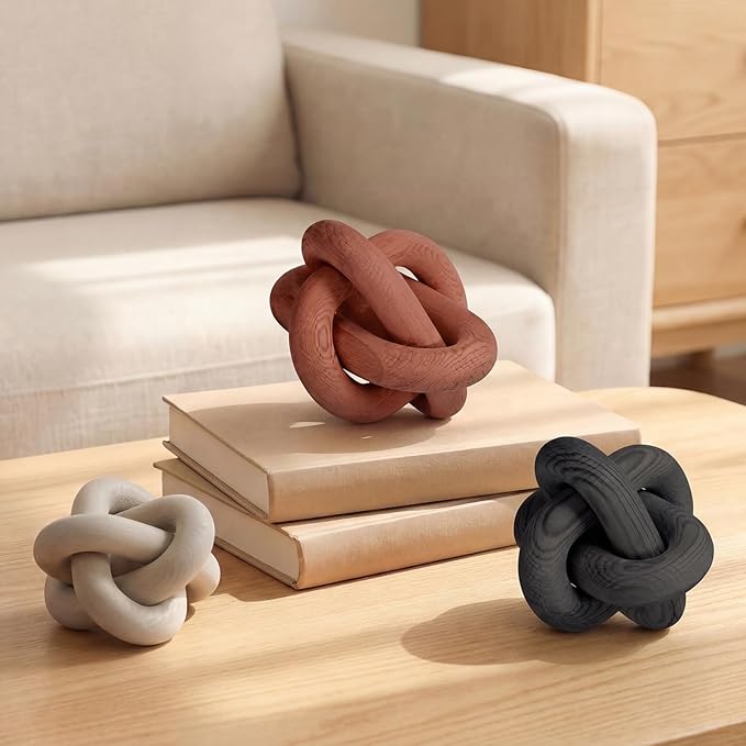 3 Pack Wooden Knot Decorations 3 Color Set Coordinated Boho Nautical Home Decor for Shelf, Wall, Tabletop, Sizes 3.94", 4.72", 5.91"(Rust)