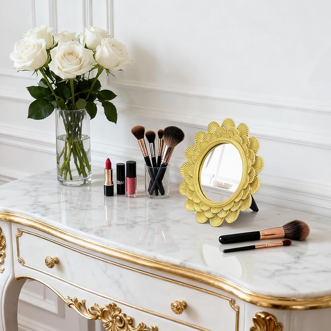 6.5" Vintage Vanity Makeup Desk Mirror, Small Gold Round Mirror for Table, Antique Scallop Edged Wall Mirror Decorative for Living Room Bedroom Dressing Tabletop