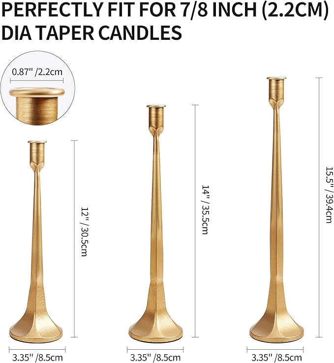 Iron Taper Candle Holder Set of 3 15.5" 14" 12" Decorative Modern Vintage Metal Tall Candlestick Holders for Wedding, Dinning Table,Mantle, Party Decoration（3, Antique Brass）