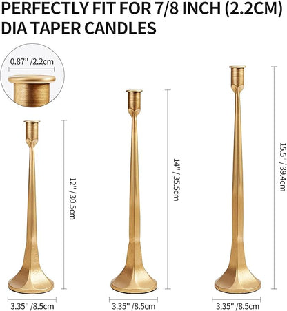 Iron Taper Candle Holder Set of 3 15.5" 14" 12" Decorative Modern Vintage Metal Tall Candlestick Holders for Wedding, Dinning Table,Mantle, Party Decoration（3, Antique Brass）
