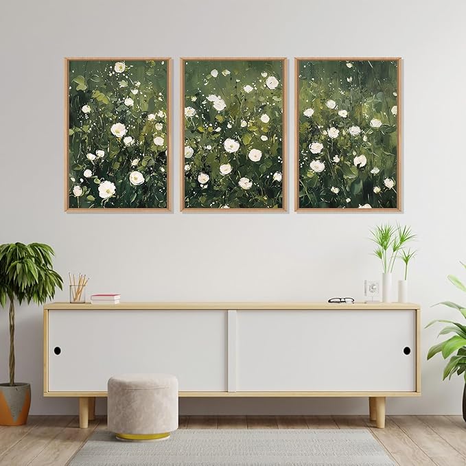 HLNIUC Green White Floral Framed Wall Art Set, Abstract Flower Canvas Wall Decor, Modern Botanical Wall Painting, Blossom Landscape Art Print for Living Room, Bedroom, Office - 24"x36"x3