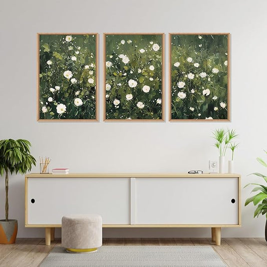 HLNIUC Green White Floral Framed Wall Art Set, Abstract Flower Canvas Wall Decor, Modern Botanical Wall Painting, Blossom Landscape Art Print for Living Room, Bedroom, Office - 24"x36"x3