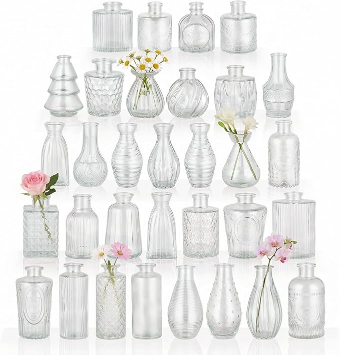BEAHOT 32 Pack Bud Flower Vase in Bulk,Mini Vintage Glass Clear Vases for Centerpieces,Wedding Decor,Party & Home Decaration,Mother's Day (Clear)