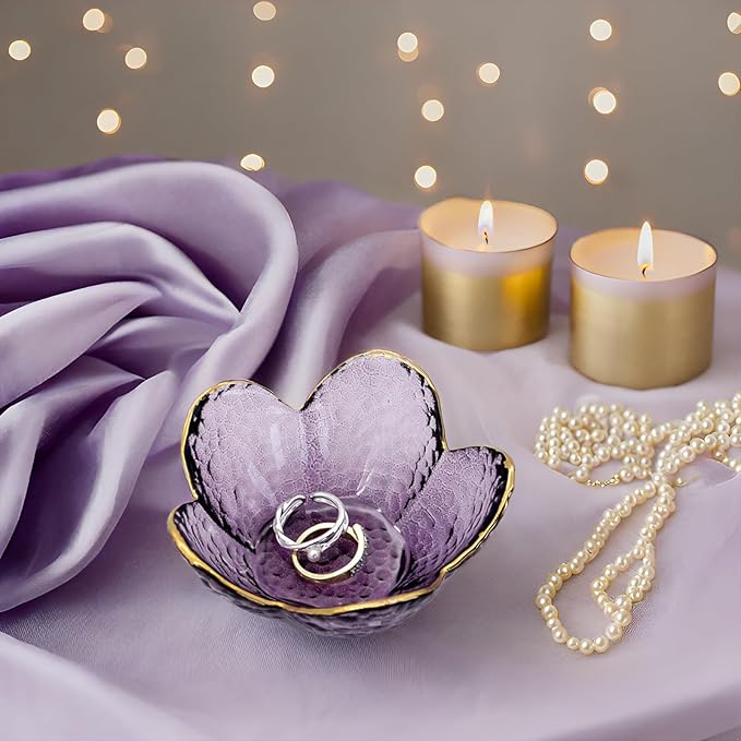 Purple Flower Ring Dish Jewelry Tray, Small Glass Trinket Tray for Rings Earrings, Present for Wife Mom Daughter Women