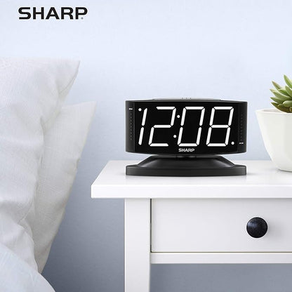 Sharp Home LED Digital Alarm Clock – Swivel Base - Outlet Powered, Simple Operation, Alarm, Snooze, Brightness Dimmer, Big White Digit Display, (Black-White LED)