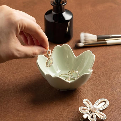 Floral Ceramic Jewelry Tray - 3.5" Elegant Ring Holder Dish & Trinket Bowl for Vanity Dresser Decor (green)
