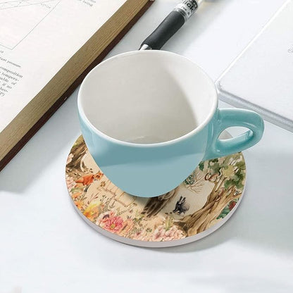 Round-6PCS Forest Ceramic Coasters,Absorbent Drink Coasters, Retro Mountain Forest Nature Tree Woodland Flower Animal Bear, Deer Ceramic Table Coasters for Coffee, Beverage, Wine, Beer Coasters