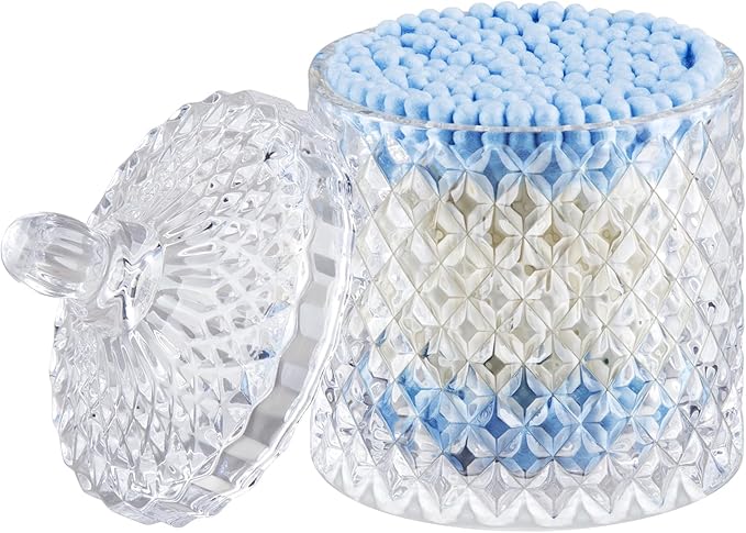 Q tip and Cotton Ball Holder Glass Apothecary Jar with lid, Small Bathroom Vanity Organizer and Storage Qtip Jar for Aesthetic Room Decor