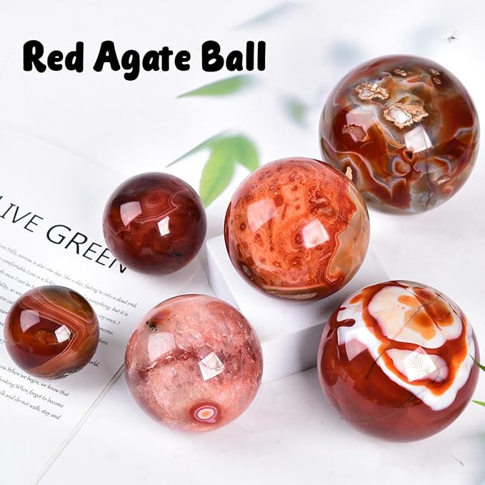 JIC Gem 3.1-3.5 inch(80-90mm) Large Red Agate Large Crystal Ball Round Healing Crystals Decorative Sphere with Wooden Stand Meditation Witchcraft Home Decor