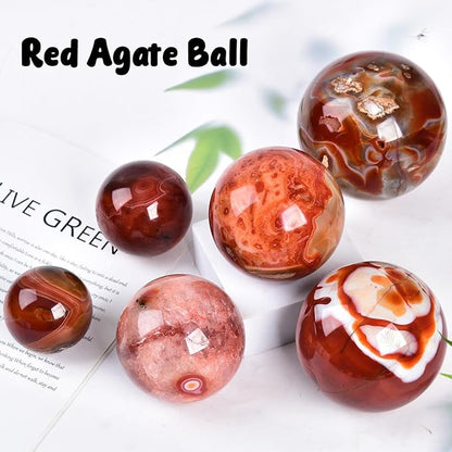JIC Gem 3.1-3.5 inch(80-90mm) Large Red Agate Large Crystal Ball Round Healing Crystals Decorative Sphere with Wooden Stand Meditation Witchcraft Home Decor