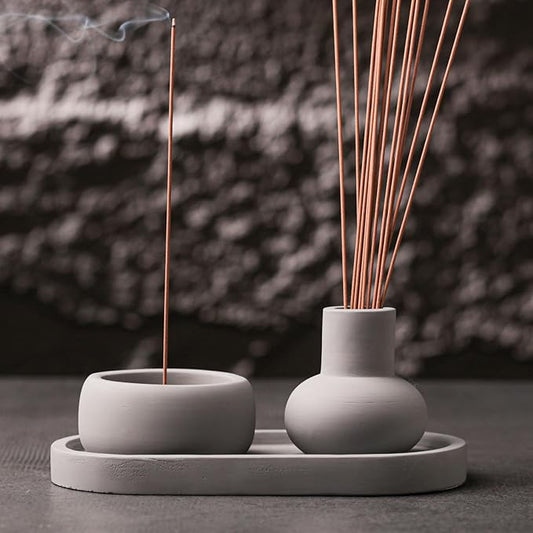 Concrete Incense Burner Set with Holder and Tray,Multifunction Incense Holder for Burning Sage,Palo Santo,Incense Sticks,Ideal for Meditation Home Decor(Grey)