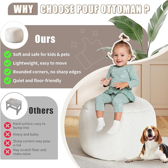 Round Stuffed Pouf Ottoman for Foot Rest, A Round Modern Foam Filled Poufs, Floor Chair for Living Room, Nursery, Dorm,Outdoor, A Soft Modern Foot Stool Perfect to Rest Your Feet (White, 20Inch)